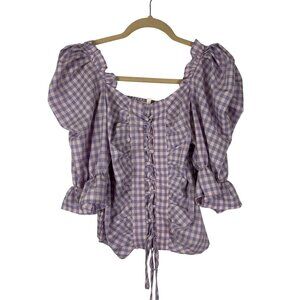 Pastel M Purple Pink Gingham Puff Sleeve Lace-Up Corset Blouse Coquette Top